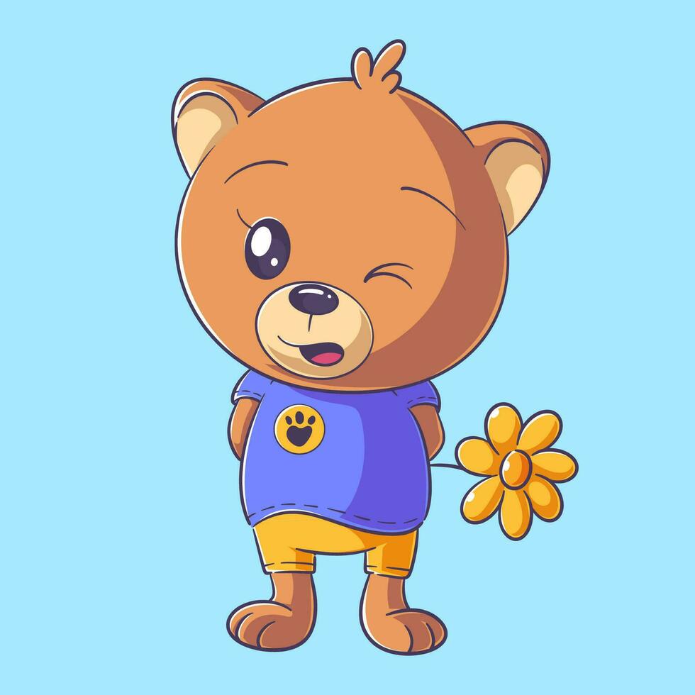 fofa Urso carregando uma flores vetor