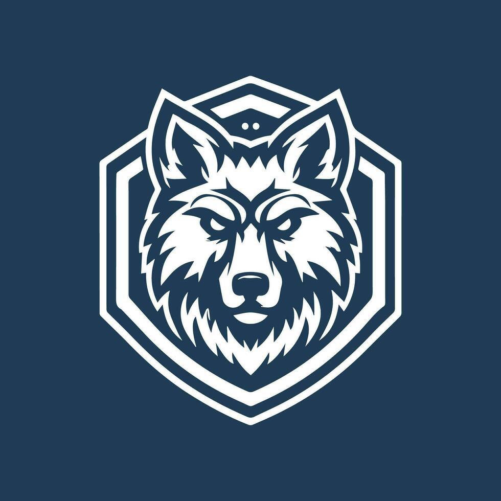 Lobo cabeça logotipo modelo. vetor ilustração isolado em Sombrio azul fundo.