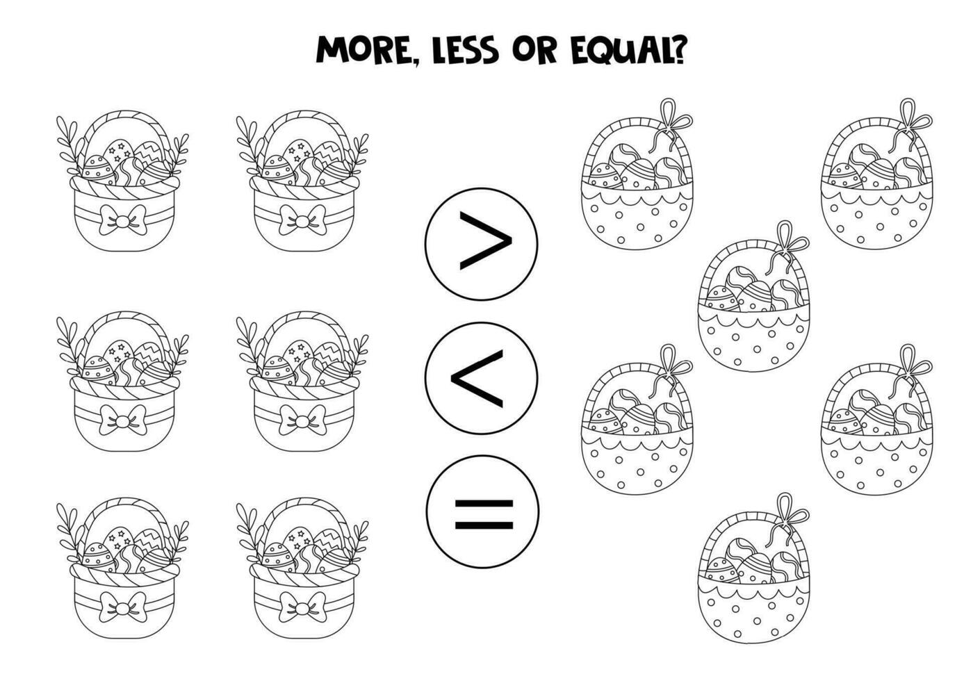 ralador, Menos ou igual com desenho animado Preto e branco Páscoa cestas. vetor