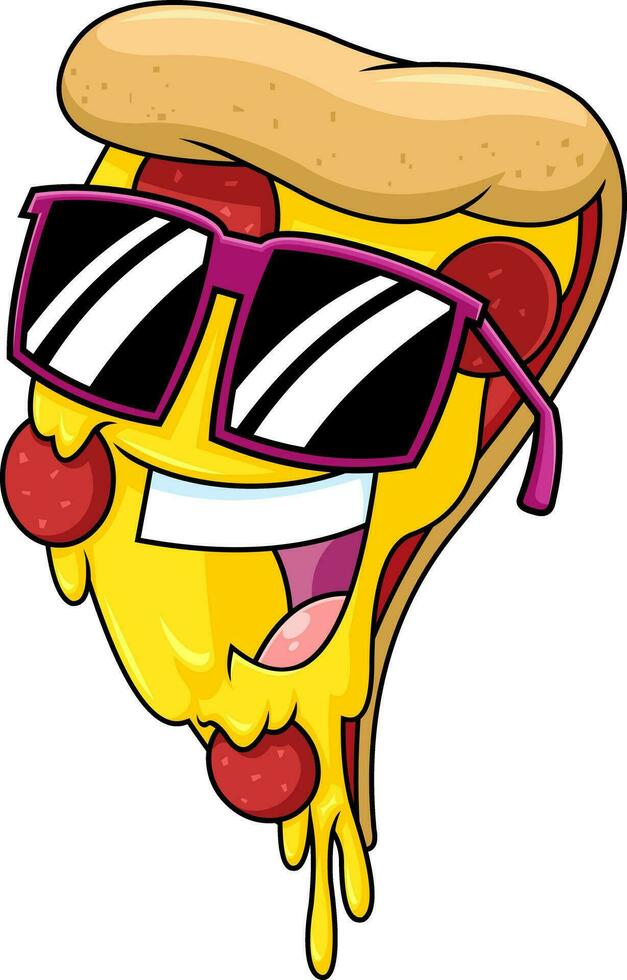 engraçado pizza fatia desenho animado personagem com oculos escuros. vetor mão desenhado ilustração