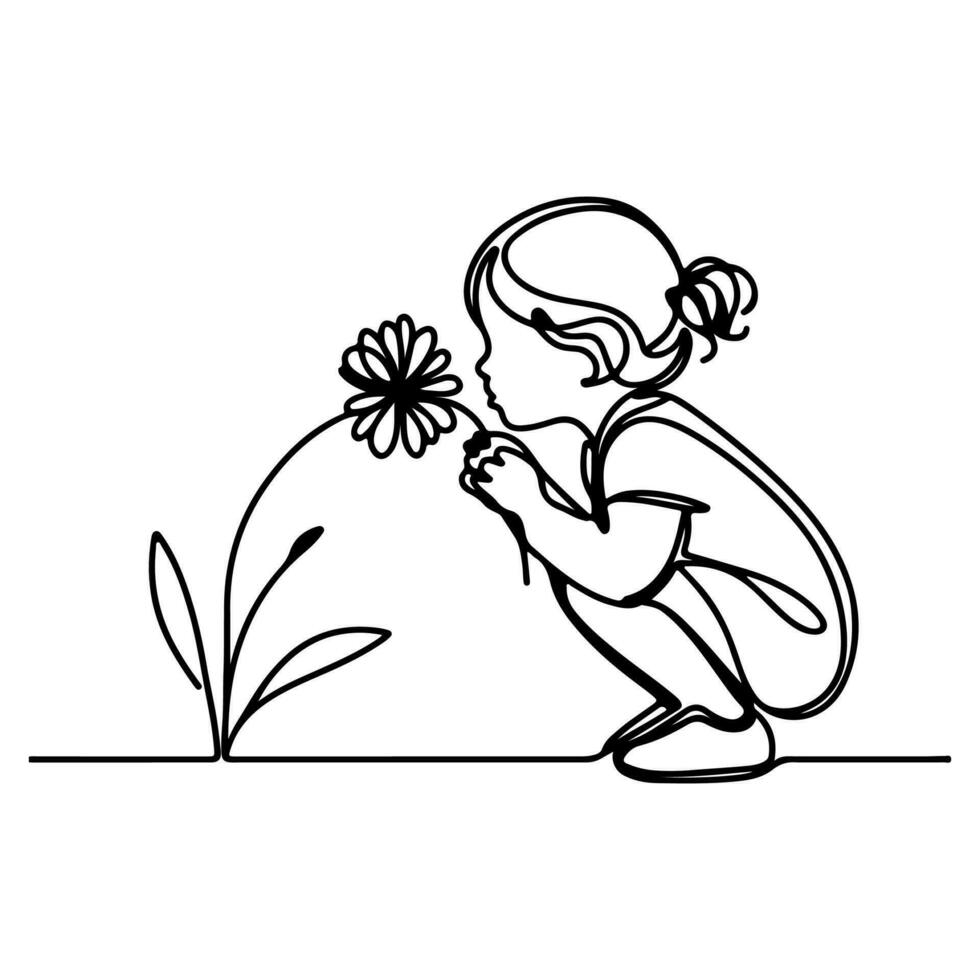 ai gerado menina sentado e escolhido flores linha arte desenhando estilo Preto linear esboço isolado em transparência vetor