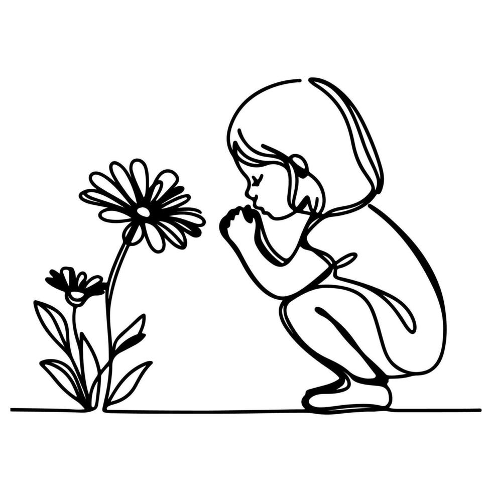 ai gerado menina sentado e escolhido flores linha arte desenhando estilo Preto linear esboço isolado em transparência vetor