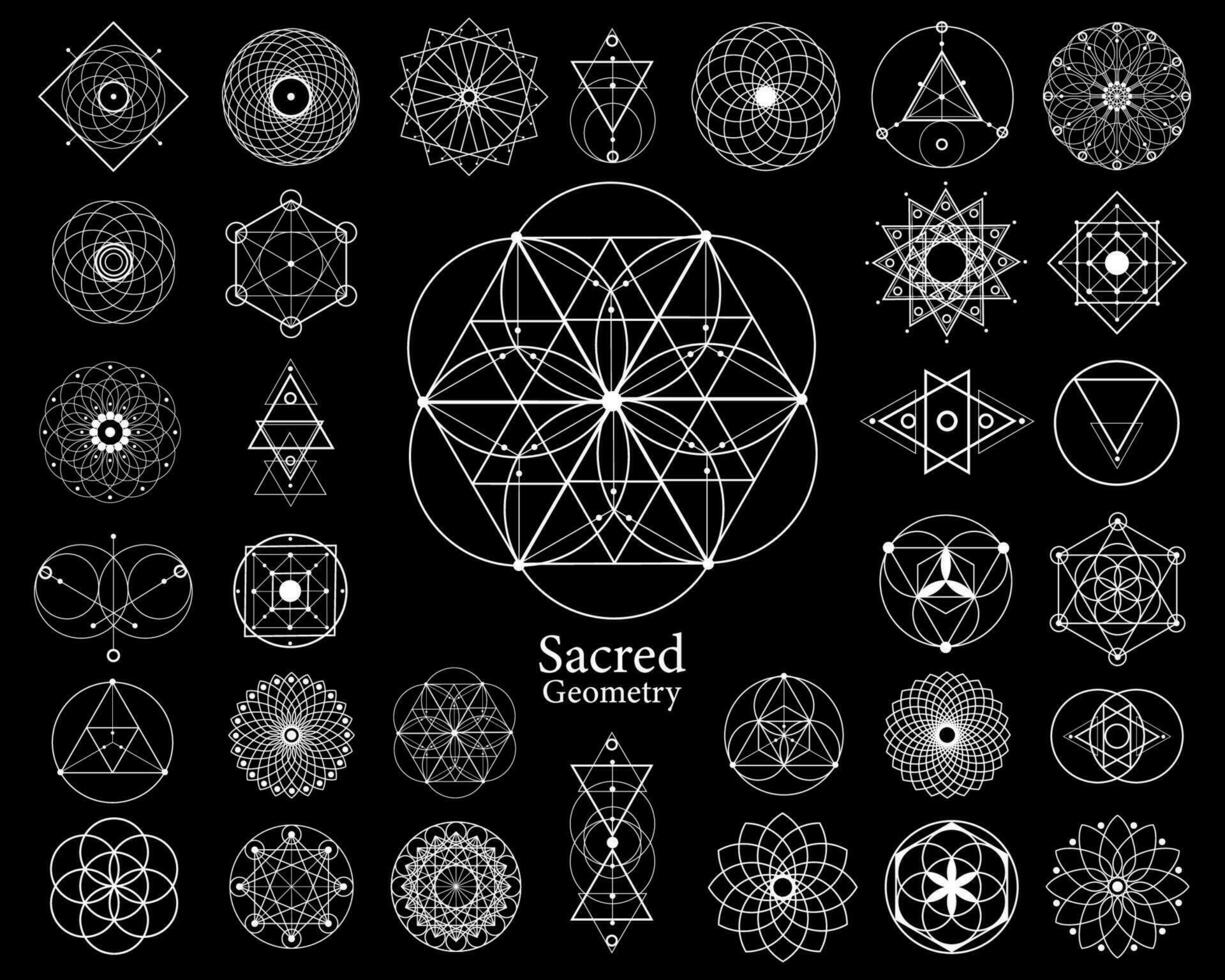 sagrado geometria vetor Projeto elementos. alquimia, religião, filosofia, espiritualidade, yantra hipster símbolos e elementos. conjunto coleção, branco tatuagem sinais isolado em Preto fundo