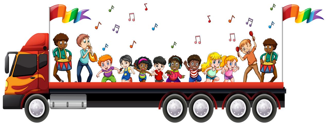 Crianças cantando e dançando no caminhão vetor