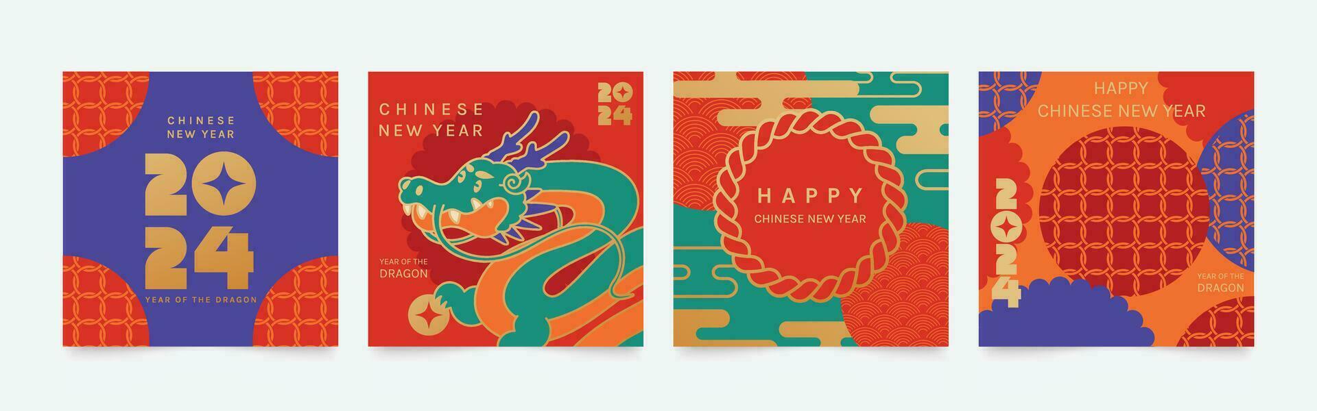 chinês Novo ano quadrado cobrir fundo vetor. ano do a Dragão Projeto com Dragão, padrão, nuvem, moeda. moderno oriental ilustração para cobrir, bandeira, local na rede Internet, social meios de comunicação, poster, cartão. vetor