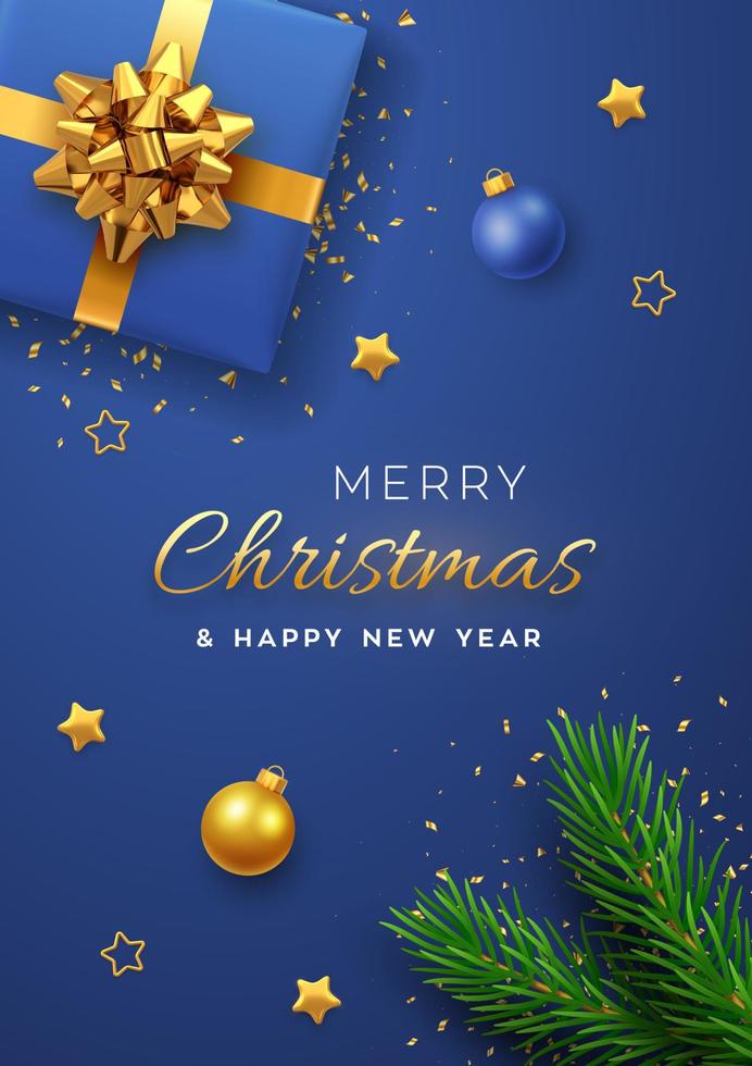 banner de natal. caixa de presente azul realista com laço dourado, galhos de pinheiro, estrelas douradas e confetes de glitter, bugiganga de bolas. fundo de natal, capa, pôster, cartões, site de cabeçalhos. vetor. vetor