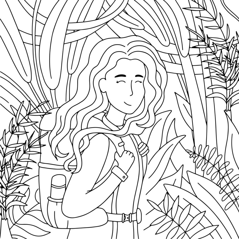 página para colorir de menina caminhando com uma mochila na selva vetor