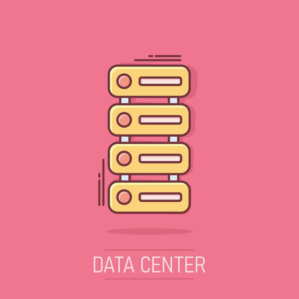 ícone do data center em estilo cômico. ilustração dos desenhos animados de vetor de servidor em fundo branco isolado. efeito de respingo de conceito de negócios de segurança.