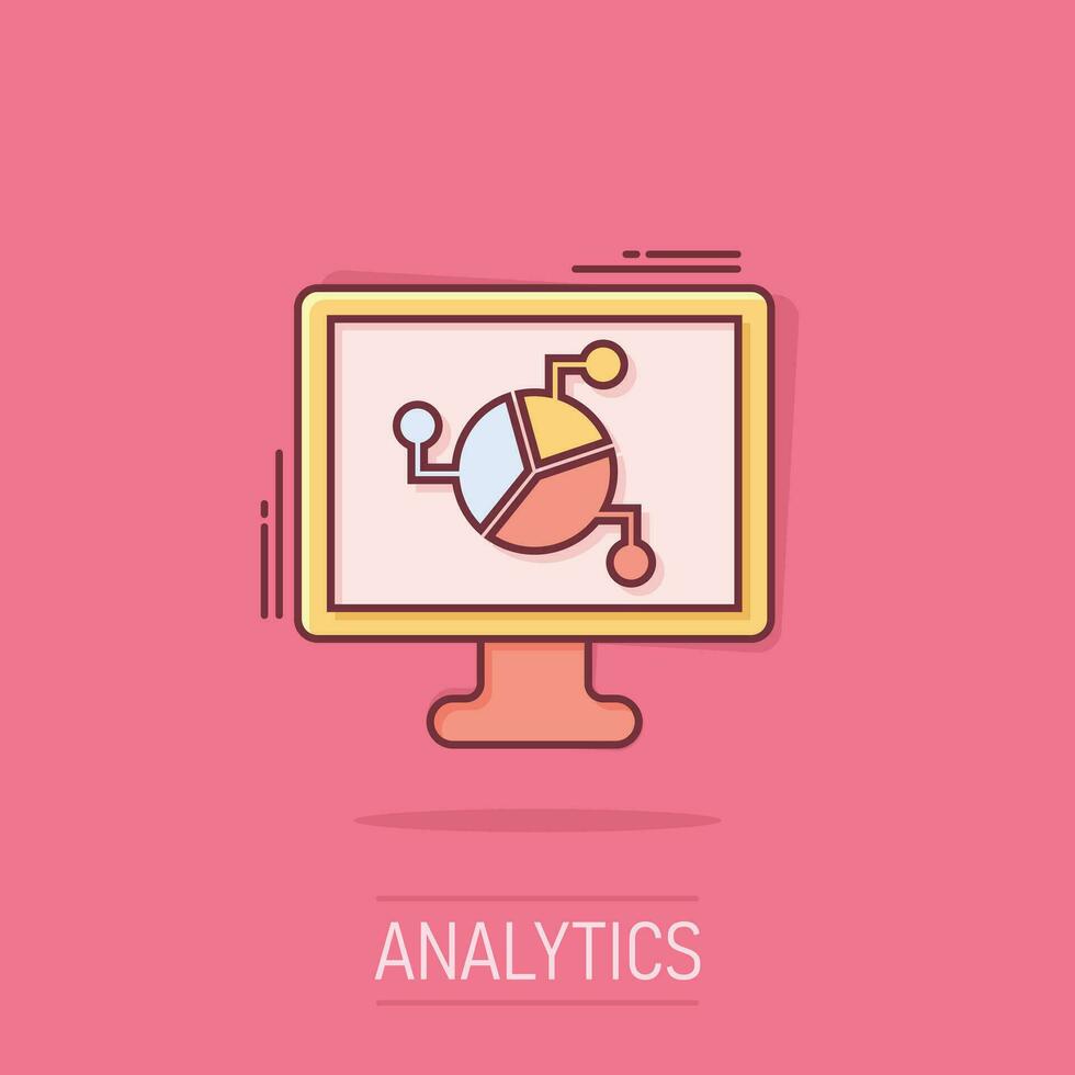 ícone de monitor analítico em estilo cômico. ilustração em vetor diagrama dos desenhos animados sobre fundo branco isolado. efeito de respingo de conceito de negócio de estatística.