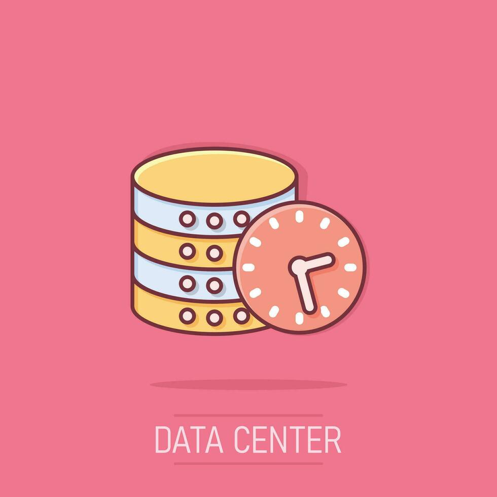 ícone do data center em estilo cômico. ilustração dos desenhos animados do vetor do relógio no fundo branco isolado. observe o efeito de respingo do conceito de negócio.