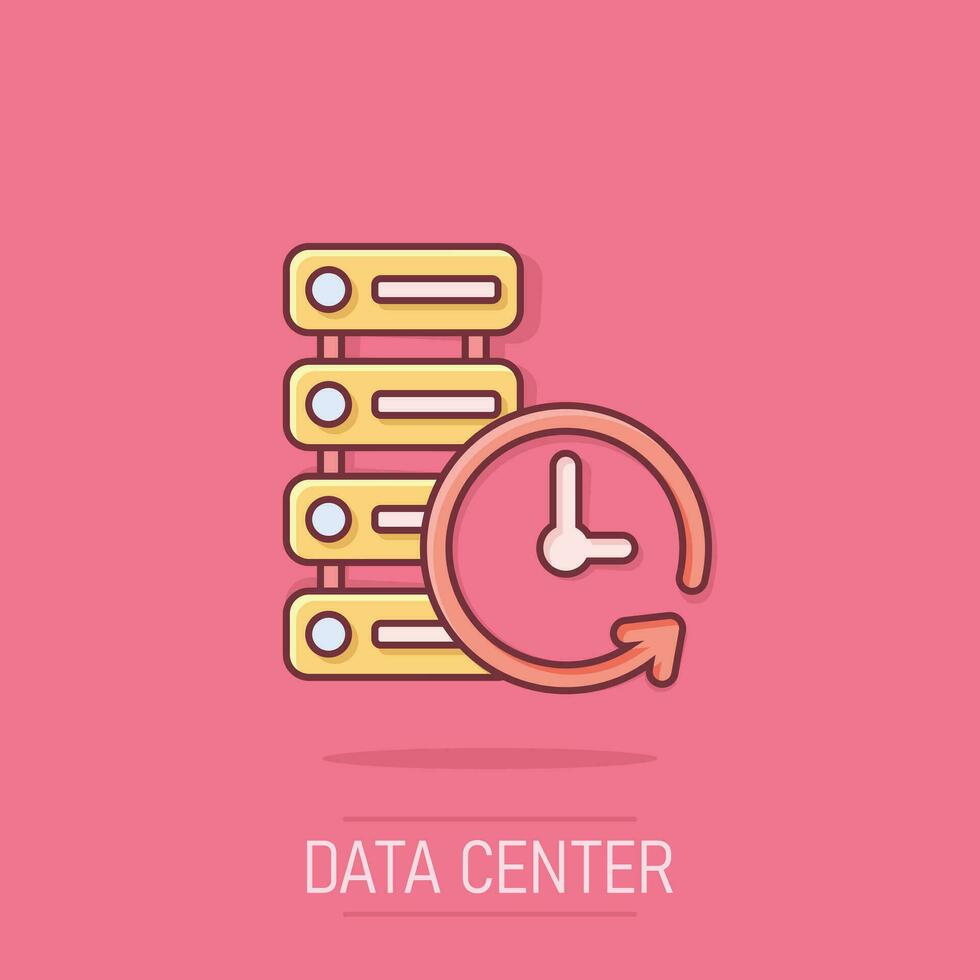 ícone do data center em estilo cômico. ilustração dos desenhos animados do vetor do relógio no fundo branco isolado. observe o efeito de respingo do conceito de negócio.