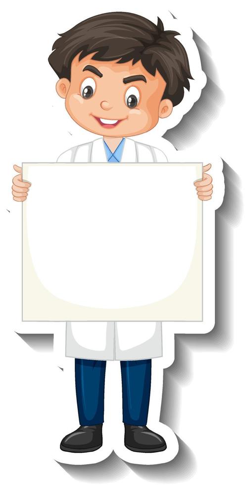 Menino cientista segurando o tabuleiro vazio com adesivo de personagem de desenho animado vetor