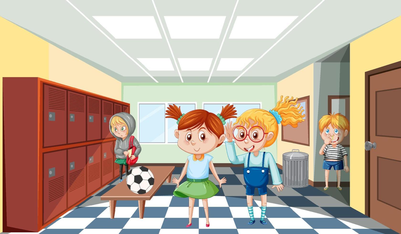 cena da escola com o personagem de desenho animado dos alunos vetor