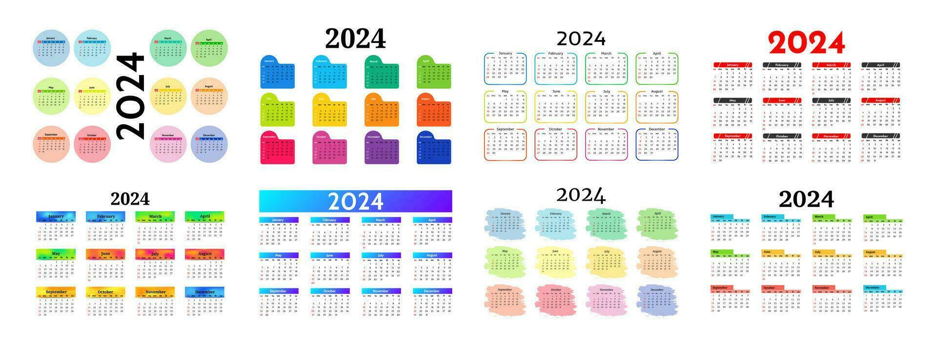 conjunto do seis calendários para 2024 isolado em uma branco fundo. domingo para segunda-feira, o negócio modelo. vetor ilustração