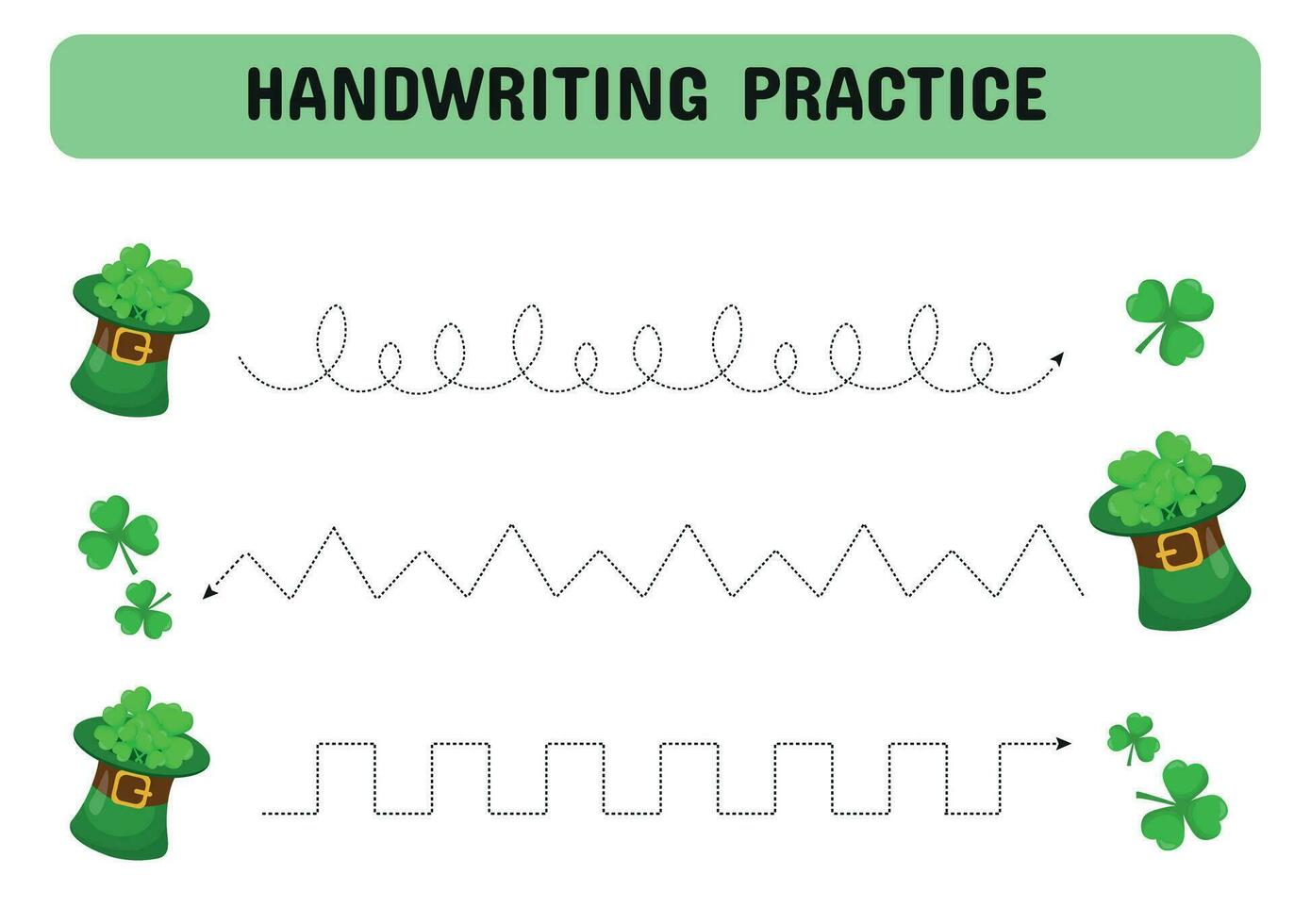 caligrafia prática. linha desenhando para crianças com chapéu e trevo. cedo Educação planilha para crianças vetor