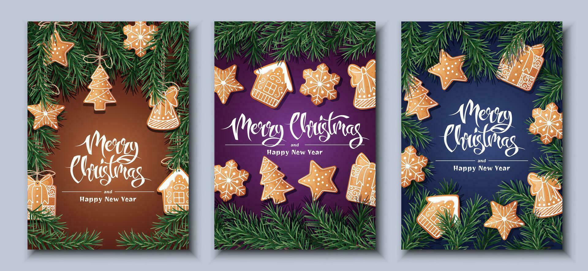 alegre Natal feriado cartões, folhetos e convites. festivo fundo com abeto galhos, decorado com Pão de gengibre. alegre Natal e Novo ano vetor