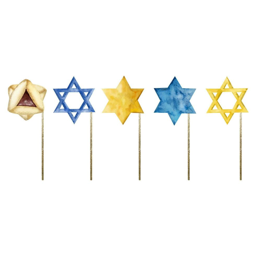 foto cabine estrelas do david e purim biscoitos em Gravetos. aguarela vetor ilustração dentro azul e amarelo