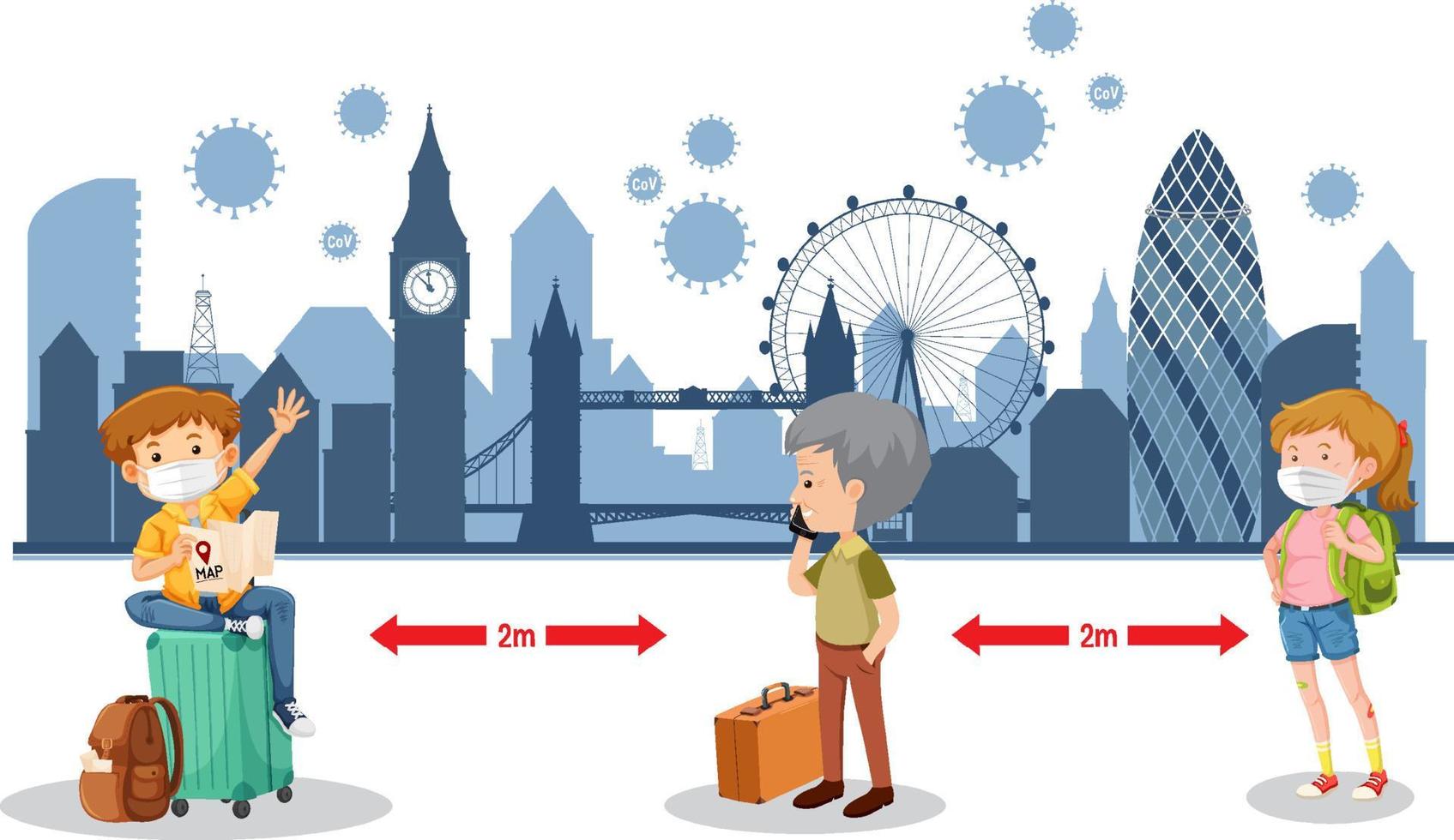 pessoas viajam durante a pandemia covid-19 com o marco de Londres vetor