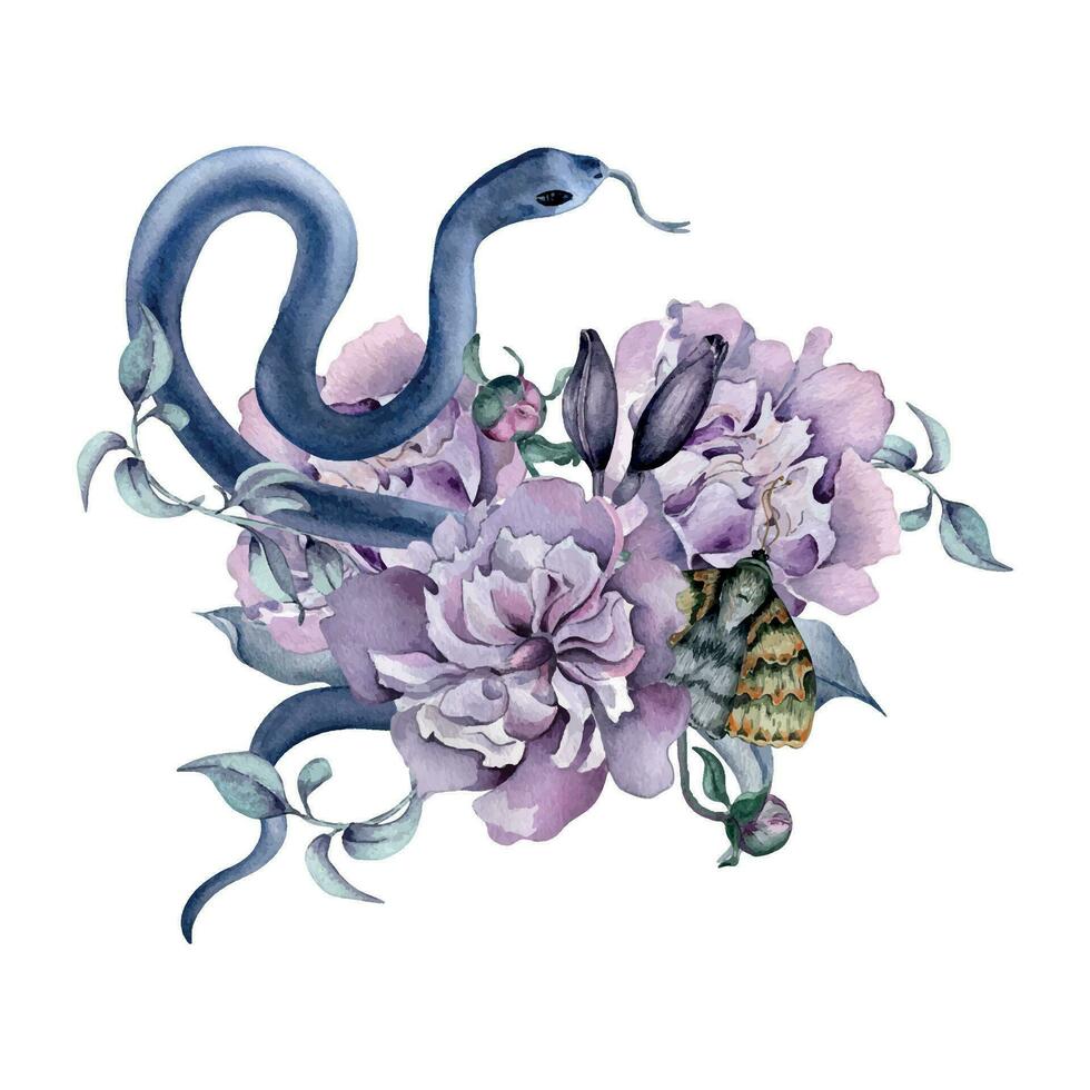 aguarela Rosa grupo do peônia flores isolado em branco. gótico floral botânico ilustração mão retirou. decoração para Preto Casamento com serpente e mariposa. elemento para convite, pano de fundo, cartão postal vetor