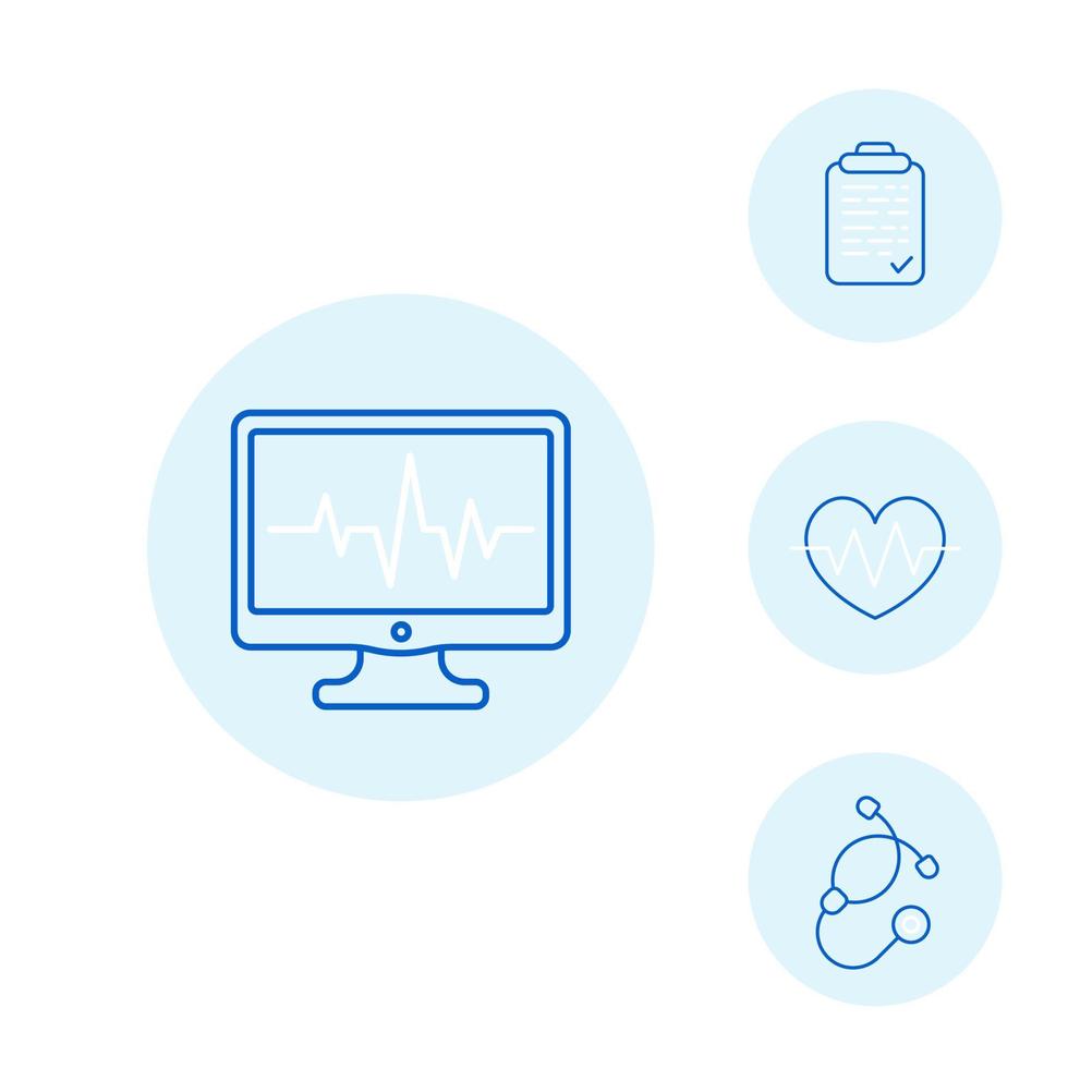 ecg, eletrocardiografia, diagnóstico cardíaco e ícones de linha de tratamento vetor