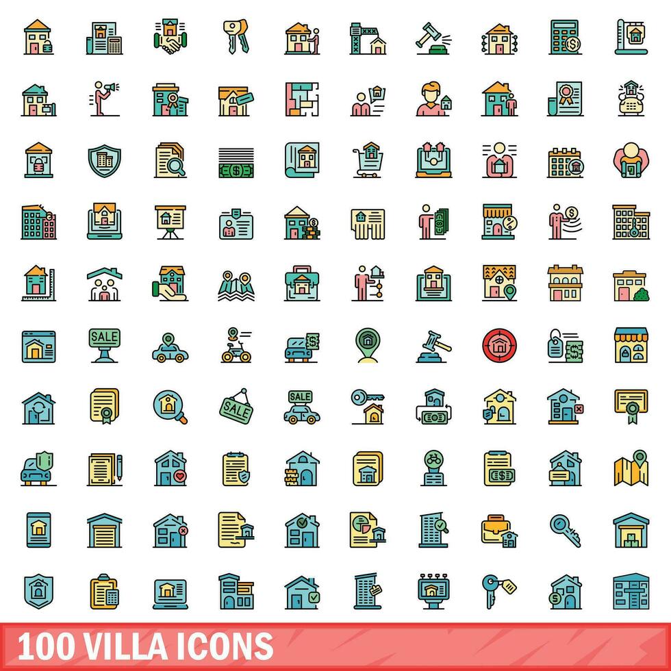 100 villa ícones definir, cor linha estilo vetor