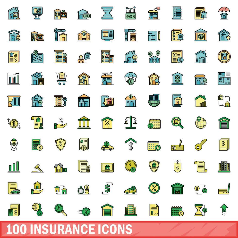 100 seguro ícones definir, cor linha estilo vetor