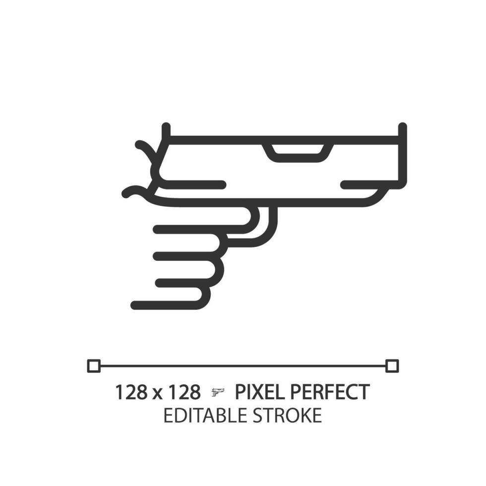 2d pixel perfeito editável Preto arma de fogo dentro mão ícone, isolado simples vetor, fino linha ilustração representando armas. vetor