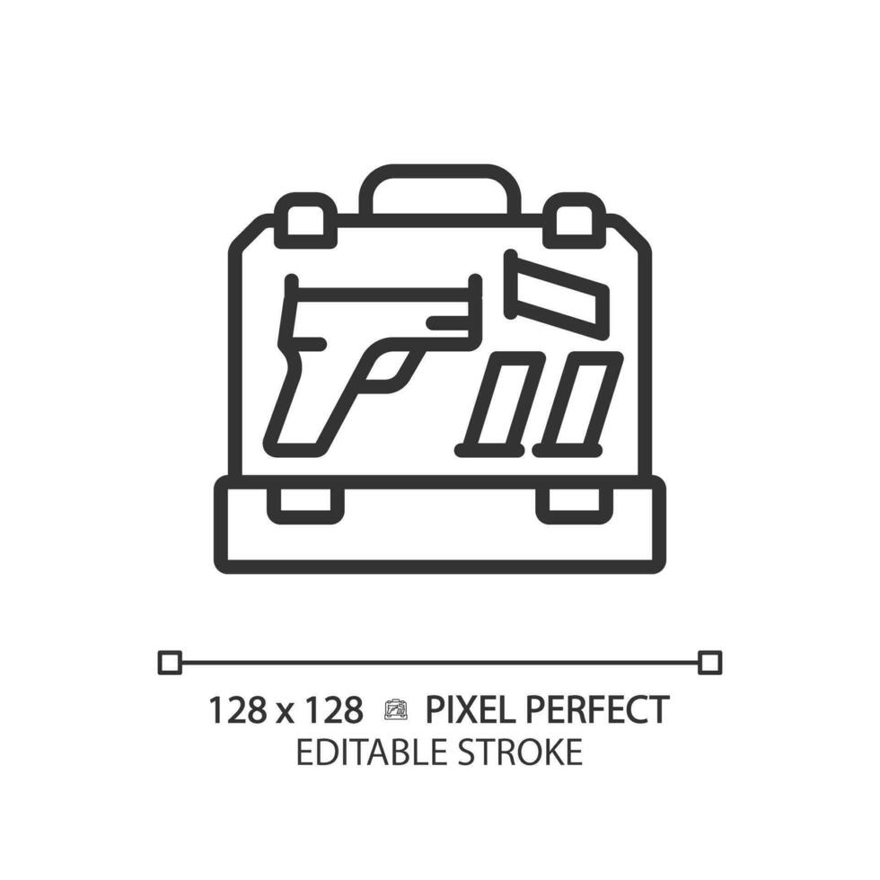 2d pixel perfeito editável Preto arma de fogo caso ícone, isolado simples vetor, fino linha ilustração representando armas. vetor