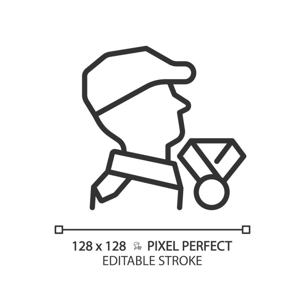2d pixel perfeito editável Preto veteranos guerra ícone, isolado simples vetor, fino linha ilustração representando armas. vetor
