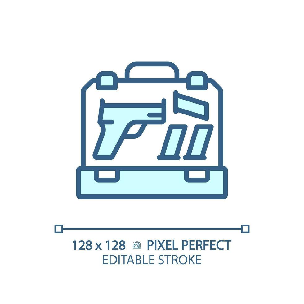 2d pixel perfeito editável azul arma de fogo caso ícone, isolado monocromático vetor, fino linha ilustração representando armas. vetor