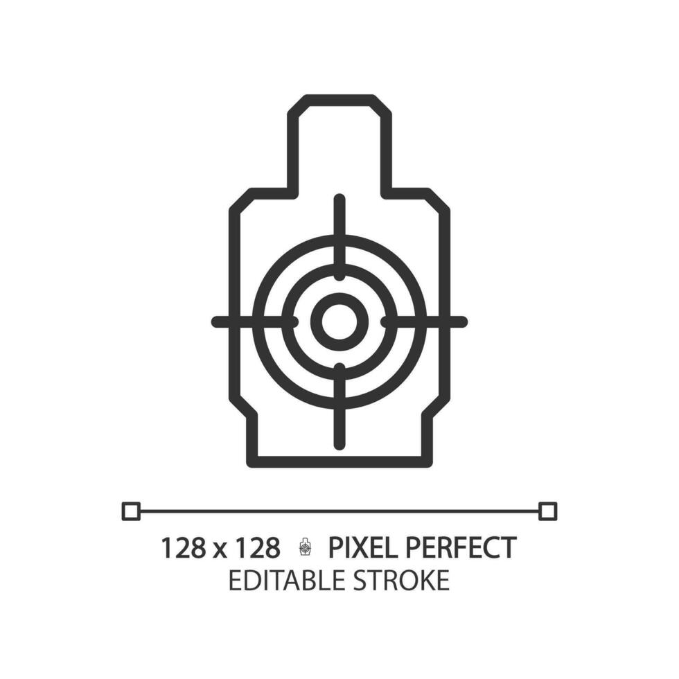2d pixel perfeito editável Preto tiroteio alcance ícone, isolado simples vetor, fino linha ilustração representando armas. vetor