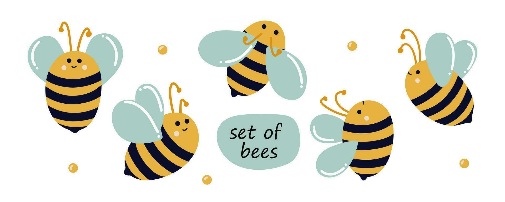 conjunto do fofa abelhas dentro a desenho animado estilo. abelhas estão vôo dentro diferente instruções. conjunto do rabisco abelhas com fofa sorrisos e olhos. muito ocupado abelhas estão vôo dentro diferente instruções vetor