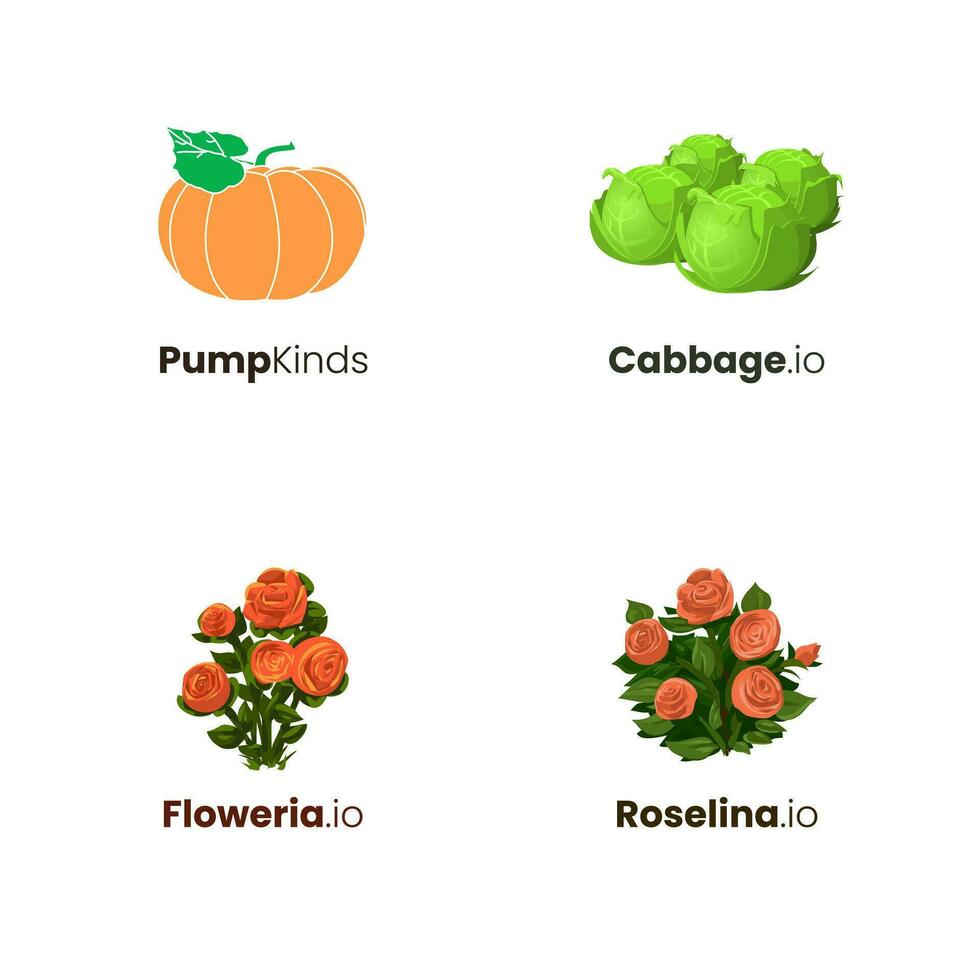 conjunto do vetor ilustrações do abóbora, repolho, pepino, folha, flor. logotipo pacotes