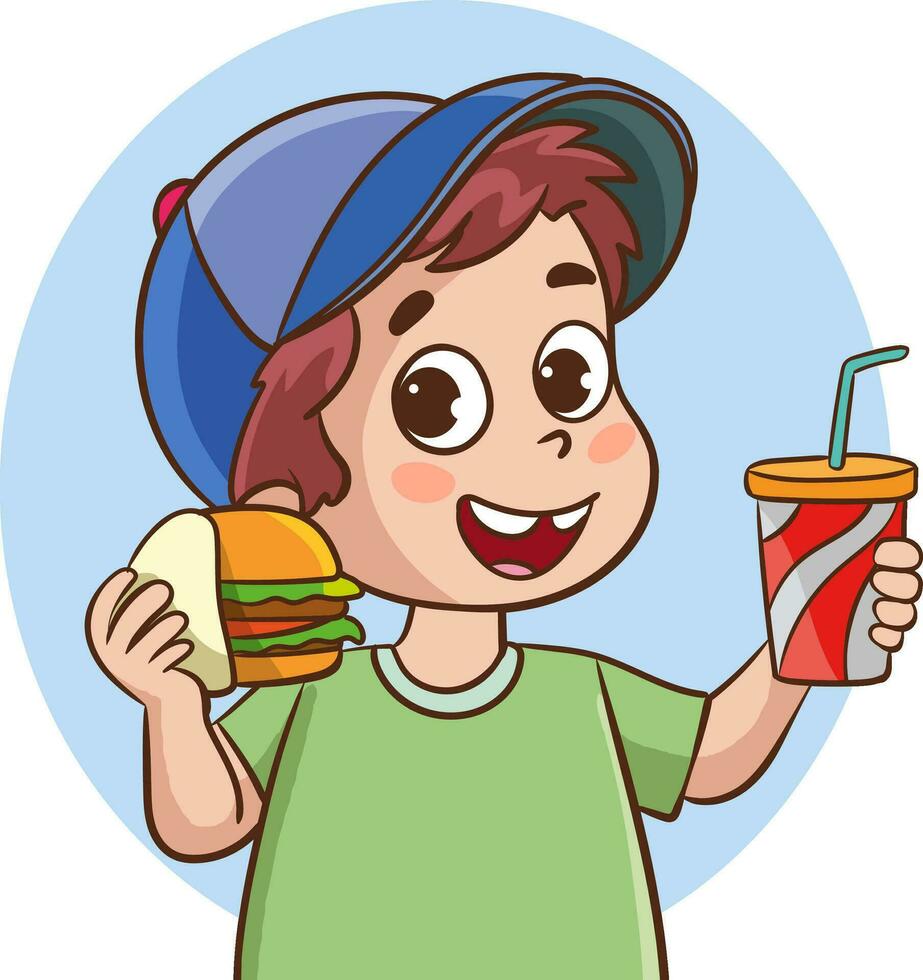 vetor ilustração do uma criança Garoto segurando uma hamburguer e uma refrigerante beber