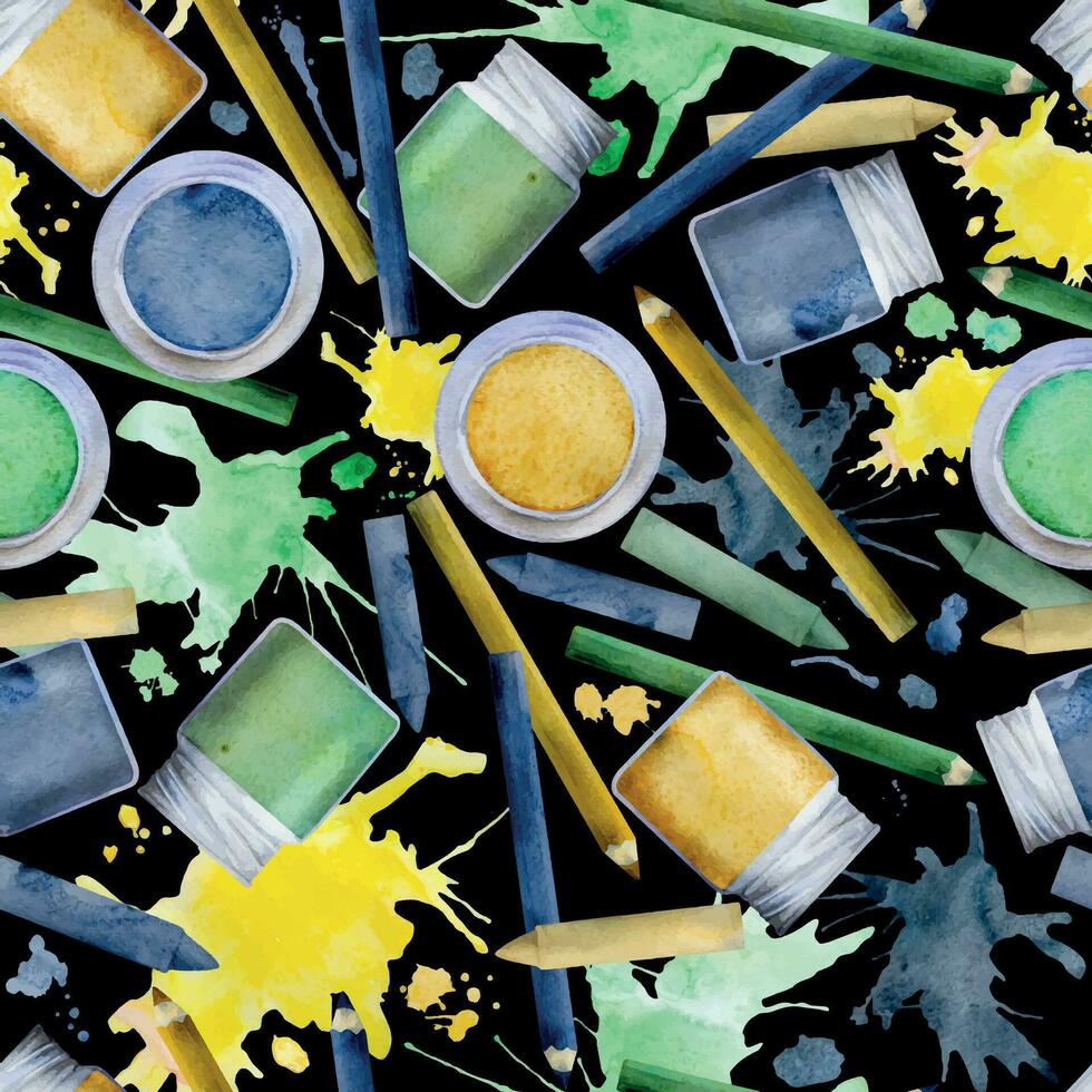 aguarela mão desenhado ilustração, crianças crianças pintura materiais suprimentos, verde azul amarelo papelaria, salpicos. desatado fundo isolado em Preto. para escola, festa, comprar, imprimir, local na rede Internet vetor