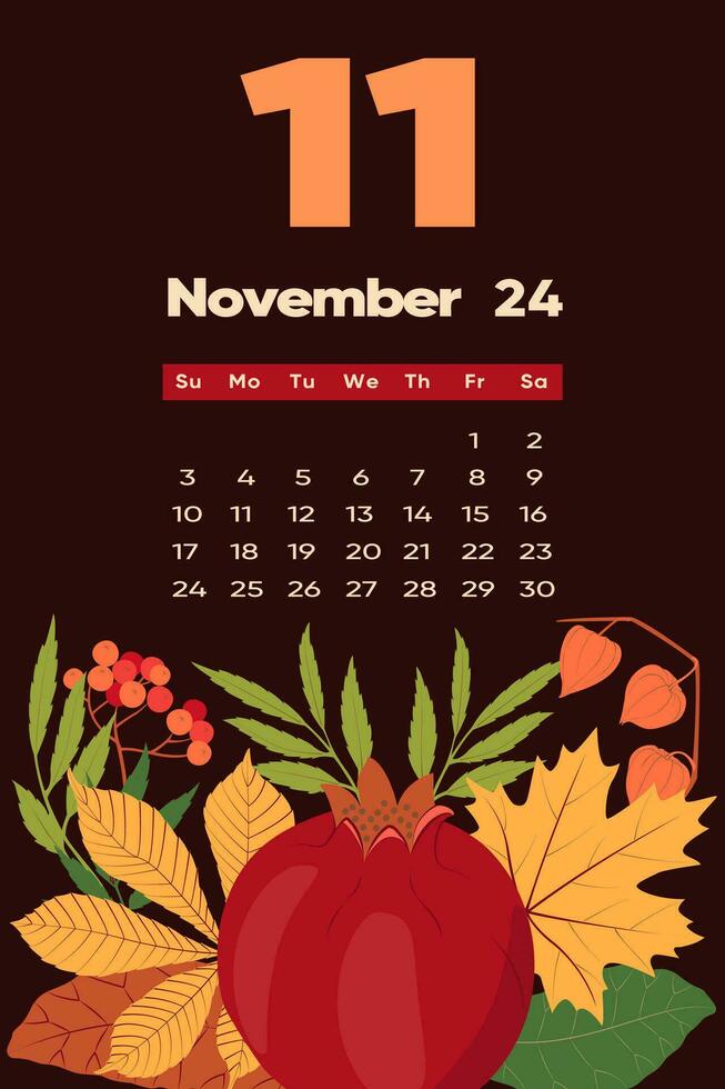 floral novembro 2024 calendário modelo. com brilhante colorida flores vetor