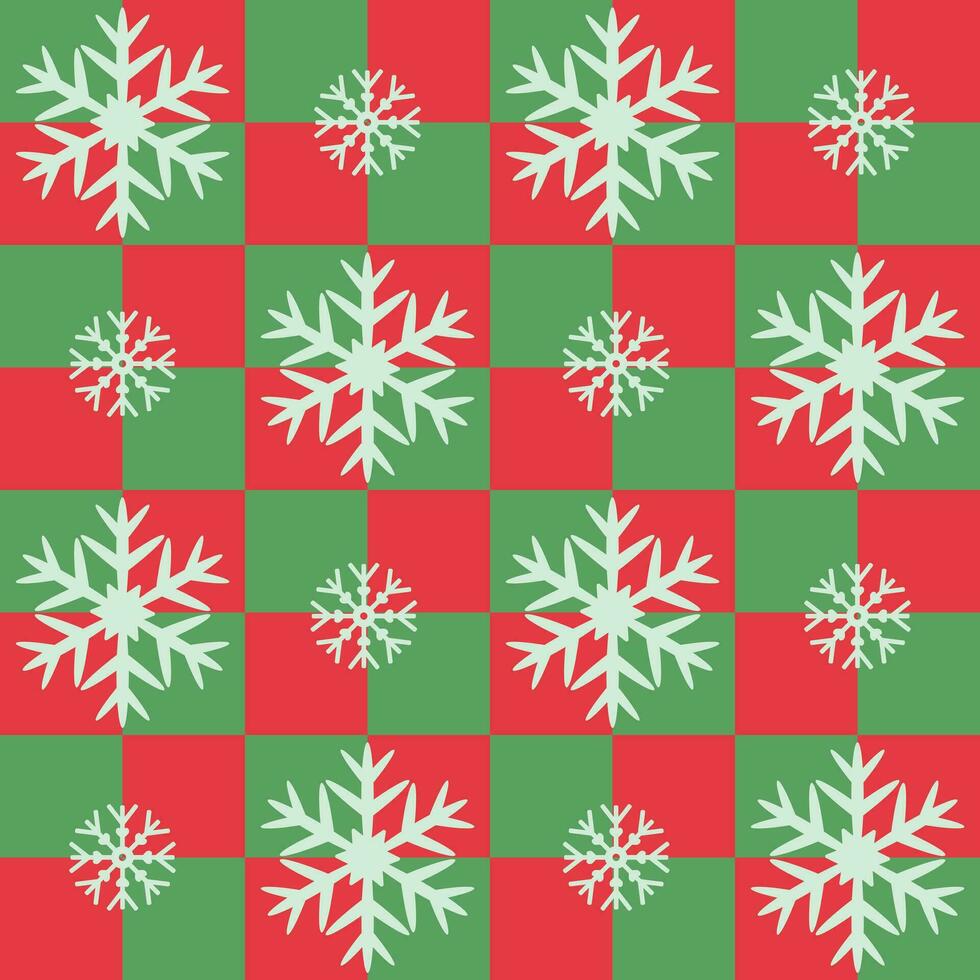 Natal xadrez desatado padrão, vermelho verde invólucro papel com simétrico flocos de neve vetor