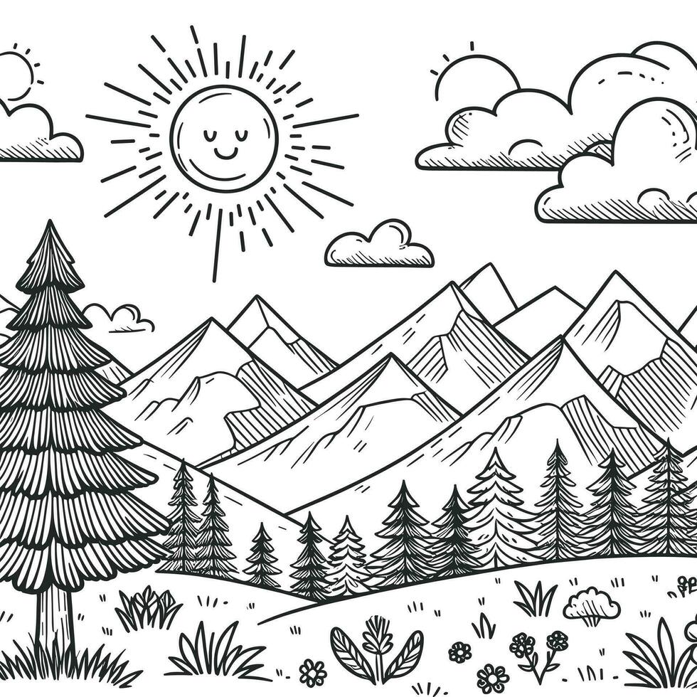 simples esboço coloração livro para crianças, ilustrações do natural paisagens, com montanhas e a sol, lá estão pinho árvores também vetor