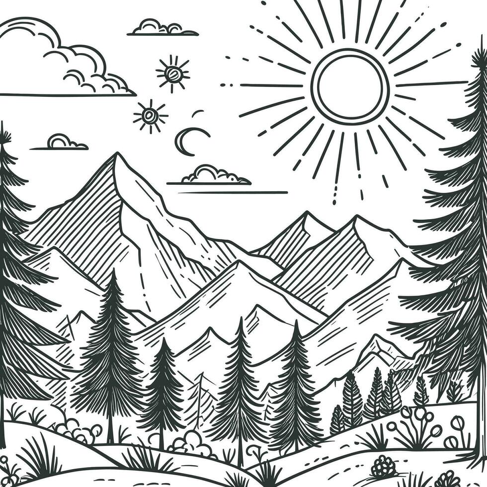 simples esboço coloração livro para crianças, ilustrações do natural paisagens, com montanhas e a sol, lá estão pinho árvores também vetor