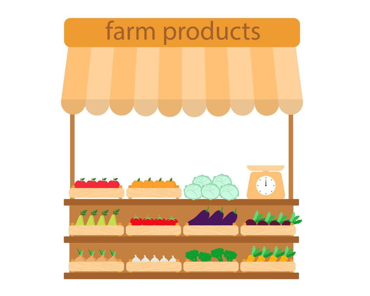 Venda de quiosque de produtos agrícolas a retalho de vegetais e frutas locais próprios vetor