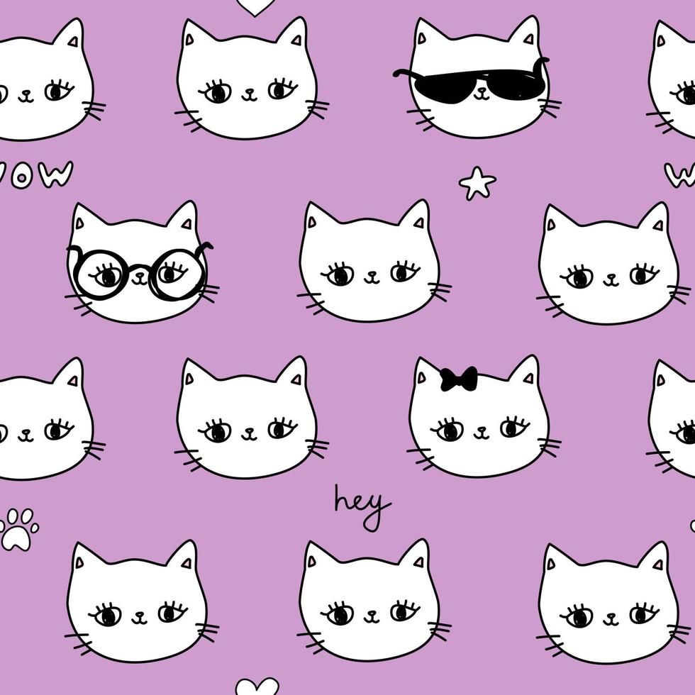 bonito padrão rosa com estrelas óculos wow gatos. fundo sem emenda de animais de estimação. têxteis para crianças scrapbook em papel digital. vetor