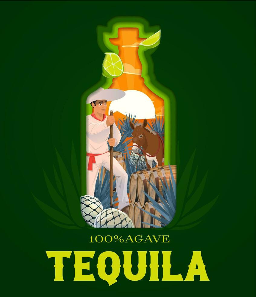 mexicano tequila papel cortar bandeira dentro garrafa forma vetor