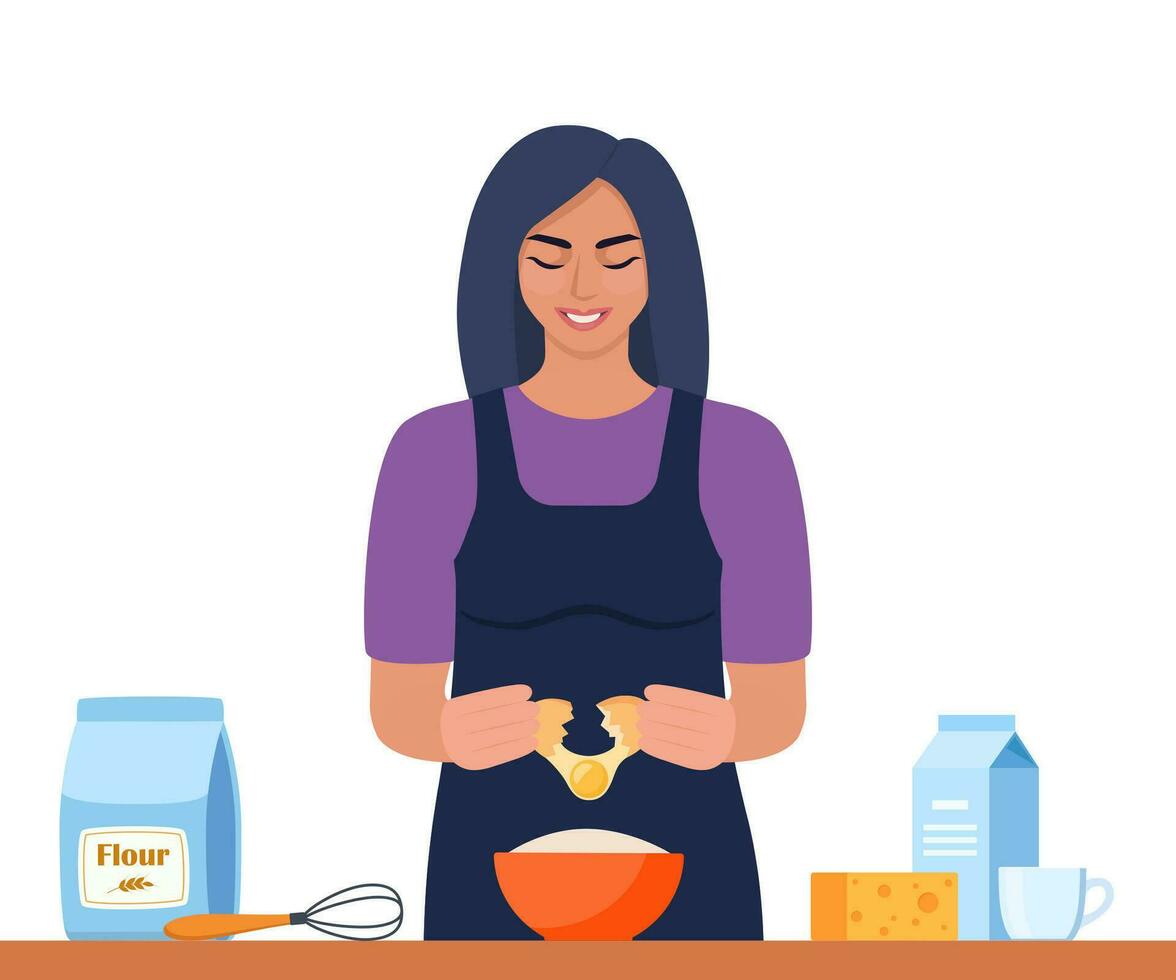 cozinha culinária. mulher cozinheiros a omelete para café da manhã. sorridente menina dentro a cozinha. plano vetor ilustração.