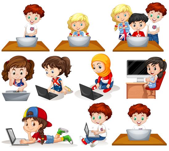 Meninos meninas, trabalhando, computador vetor