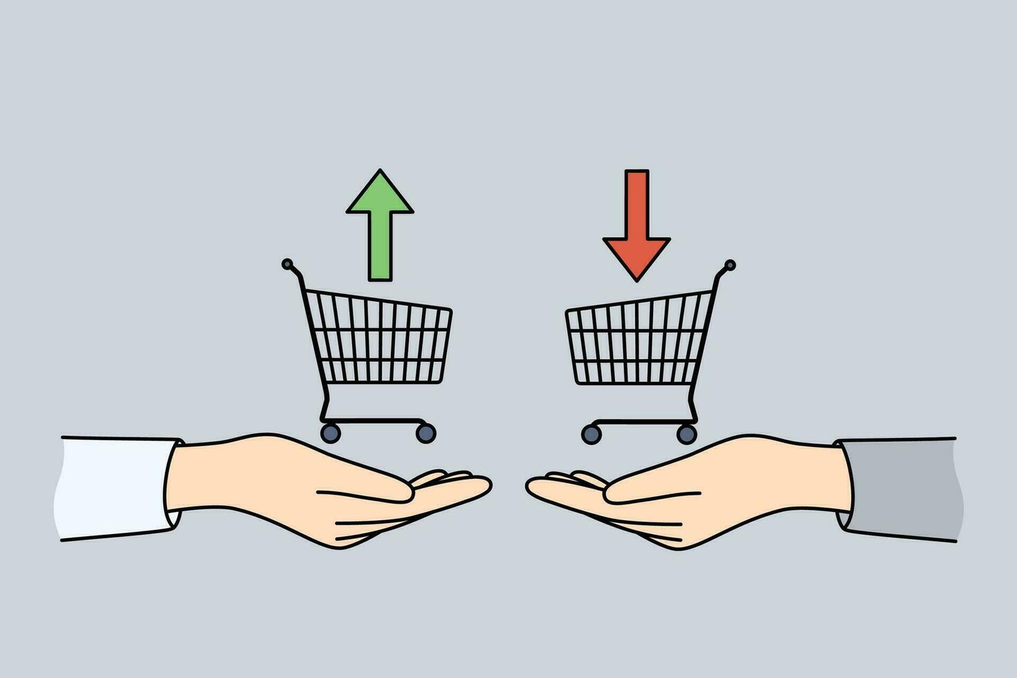 comerciantes mãos com consumidor cestas e acima ou baixa Setas; flechas simbolizar comprando e vendendo títulos vetor