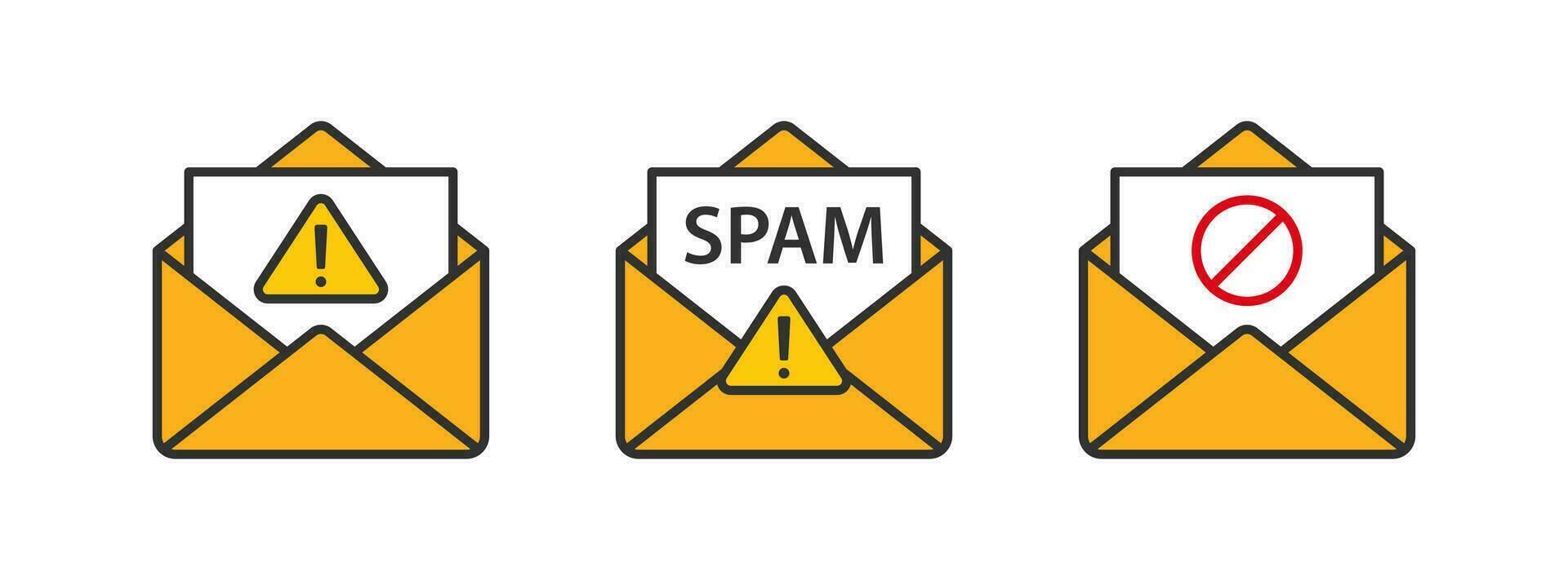 Spam o email ícone. vírus enviar mensagem símbolo. malware carta sinais. hacker proteção símbolos. Internet golpe ícones. vetor placa.