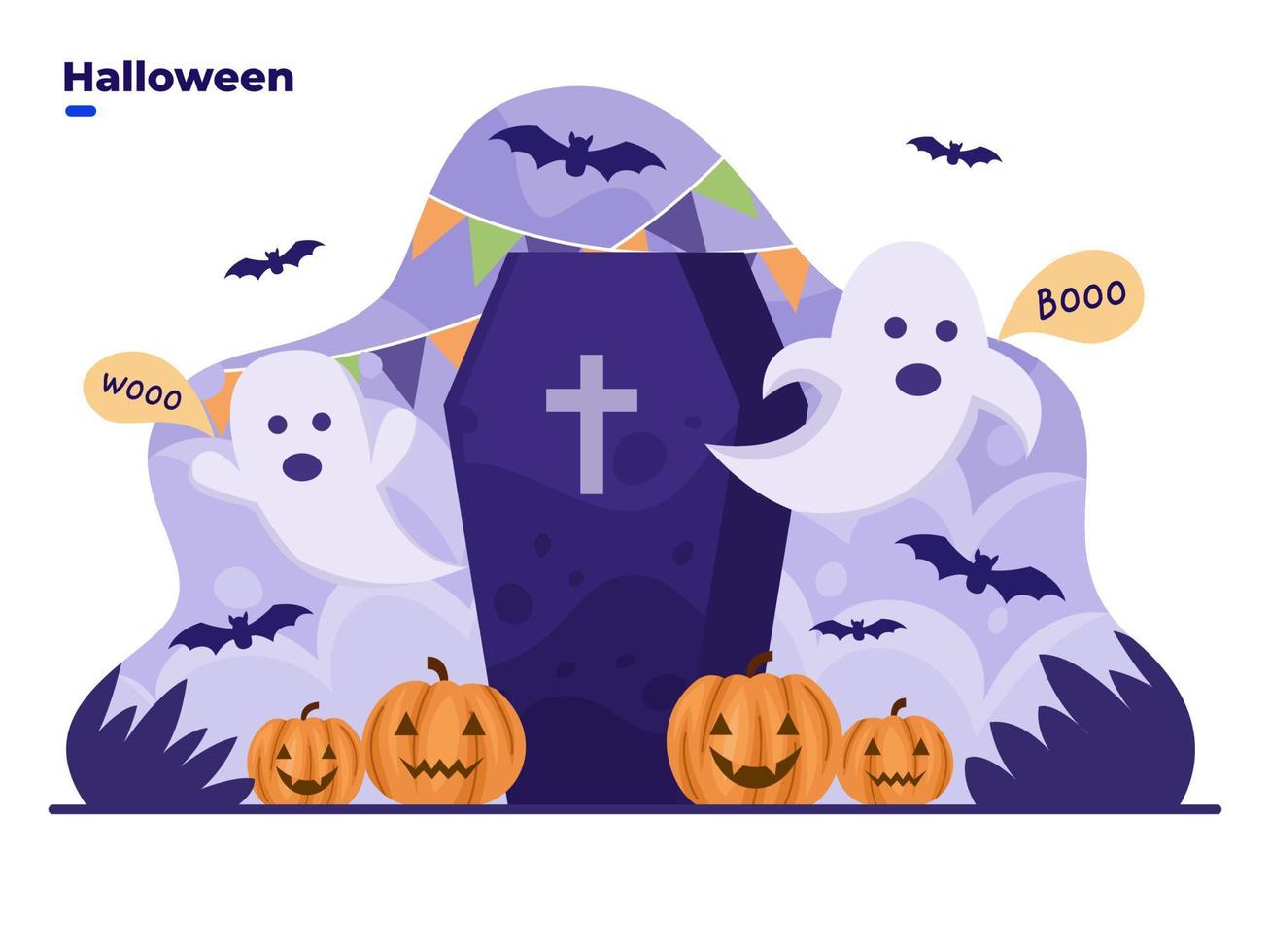 feliz halloween ilustração bonito dos desenhos animados com personagem fantasma e decoração de halloween. desenho de fantasma assustador. pode ser usado para cartão de felicitações, convite, cartaz, web, cartão postal, mídia social. vetor