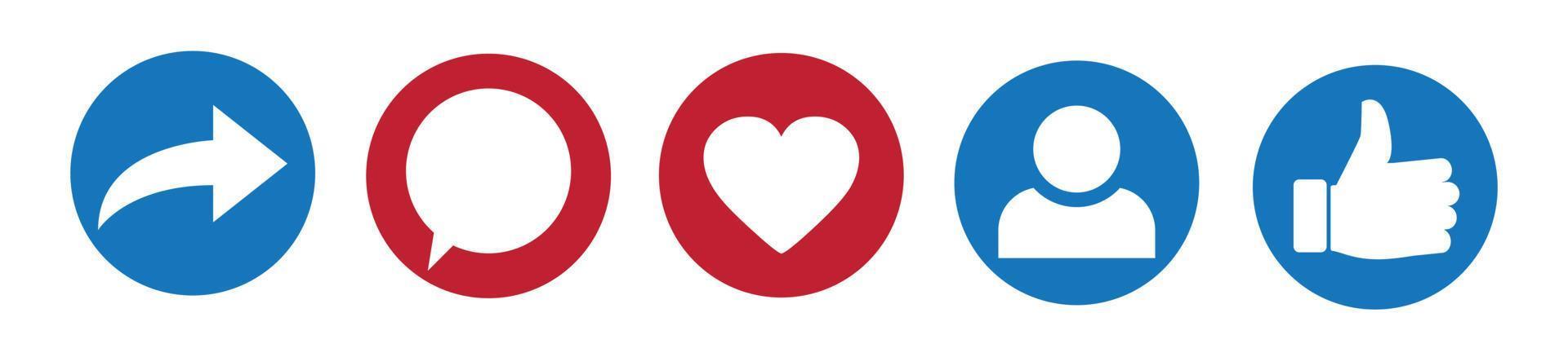 ícones de mídia social polegar para cima e ícone de coração com republicação e comentário. plana assina ícones no fundo branco. vetor