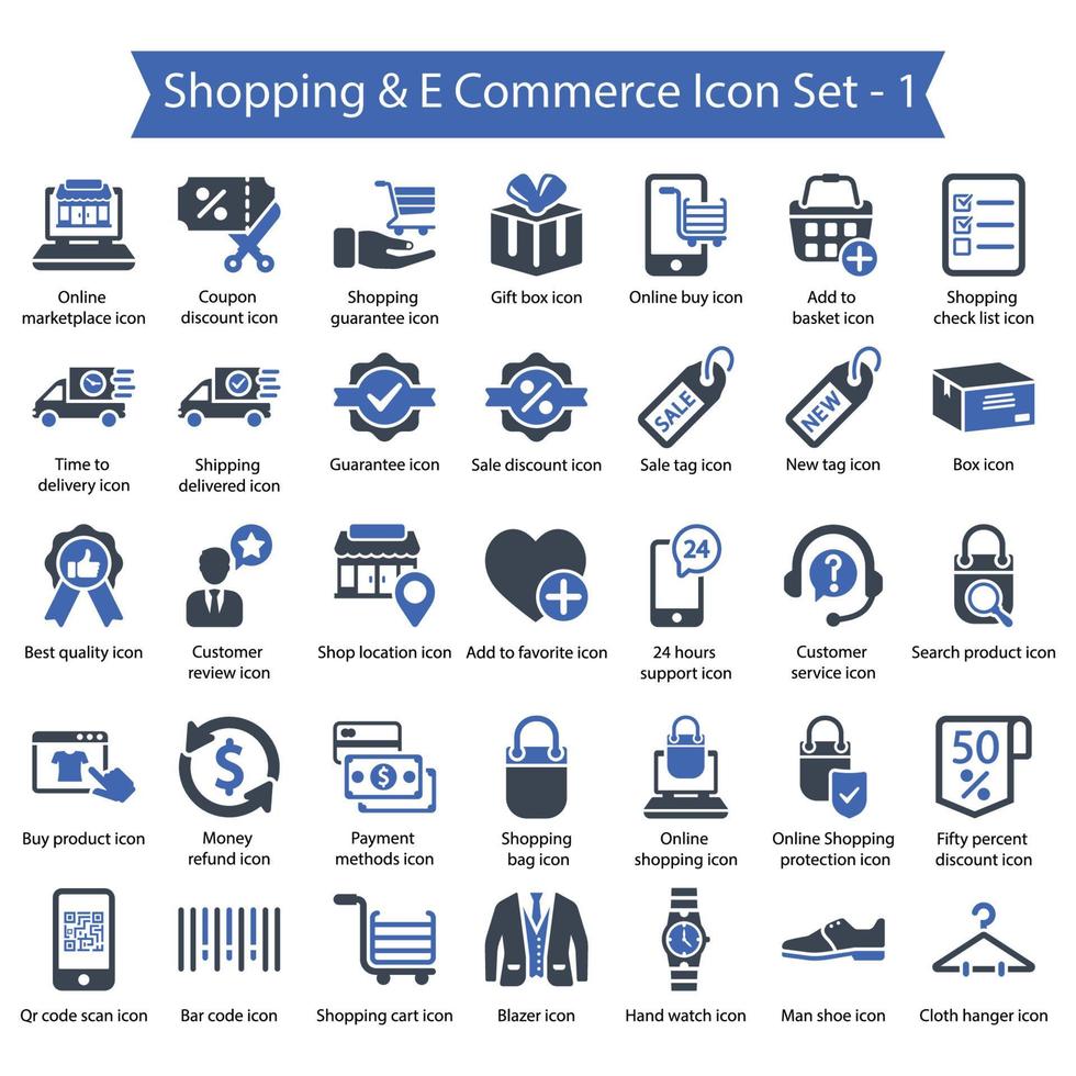 conjunto de ícones de compras e comércio eletrônico 1 vetor