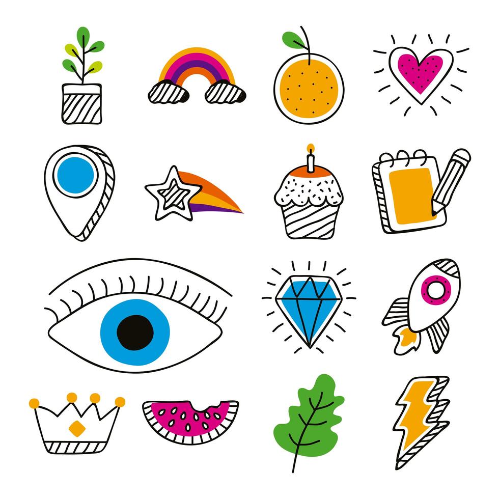 quinze ícones de doodle vetor